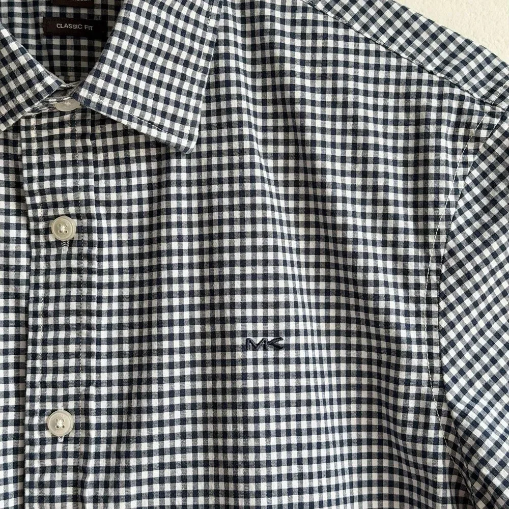 Michael Kors Mens Gingham Short Sleeve Button Down Shirt Size M Navy White